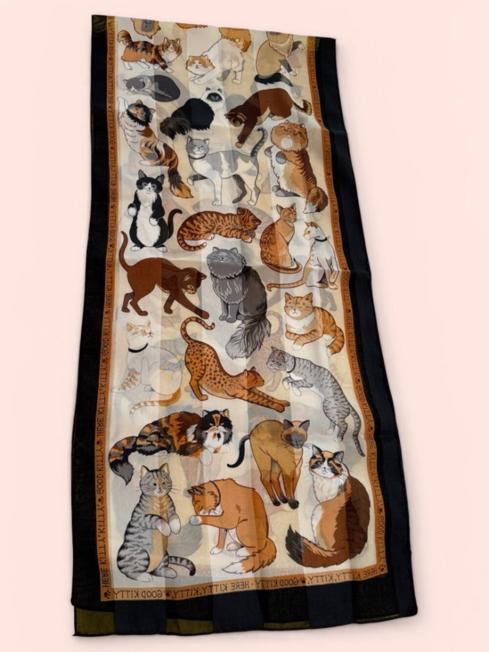 Basha Cat Print Scarf - Long and Rectangular with "Good Kitty" Border